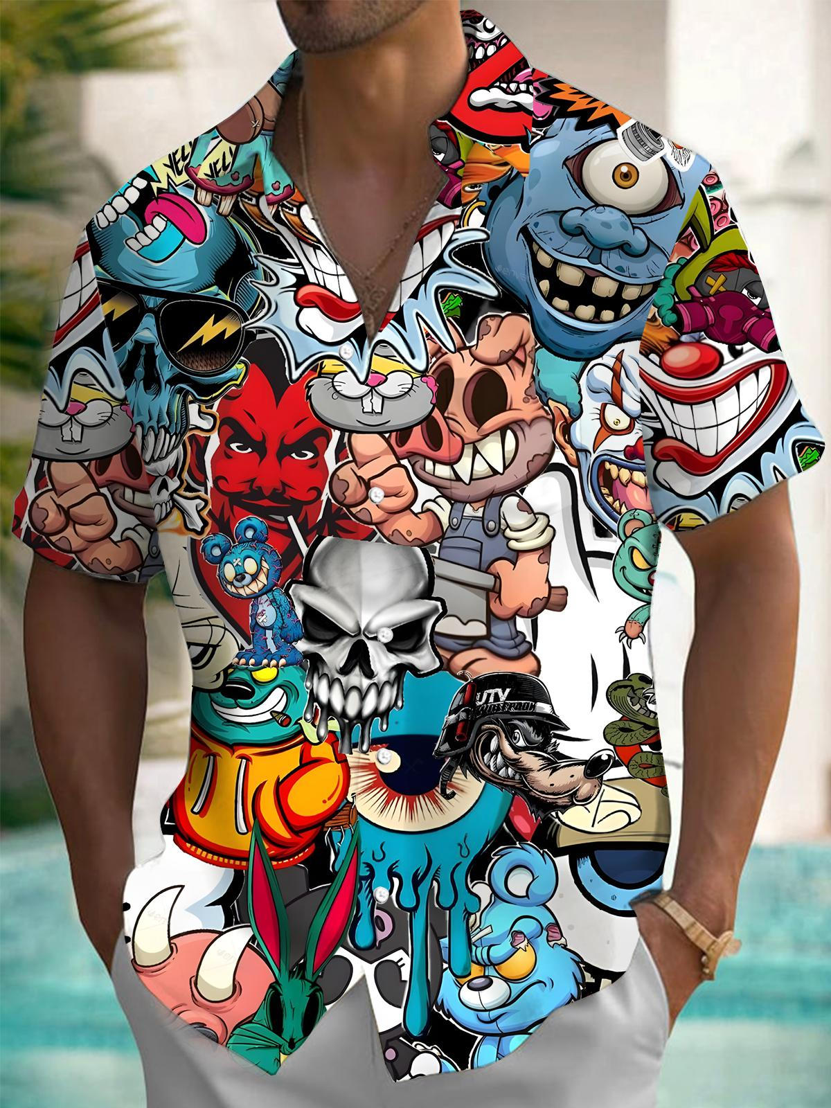 Funny Cartoon Skull Print Men's Pocket Short Sleeve Shirts