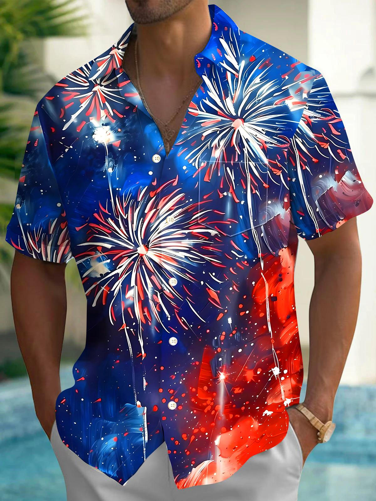 Men's red American flag print short sleeve shirt front view for Independence Day
