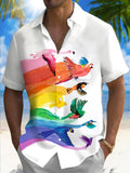 Rainbow Bird Print Men's Pocket Short Sleeve Shirts