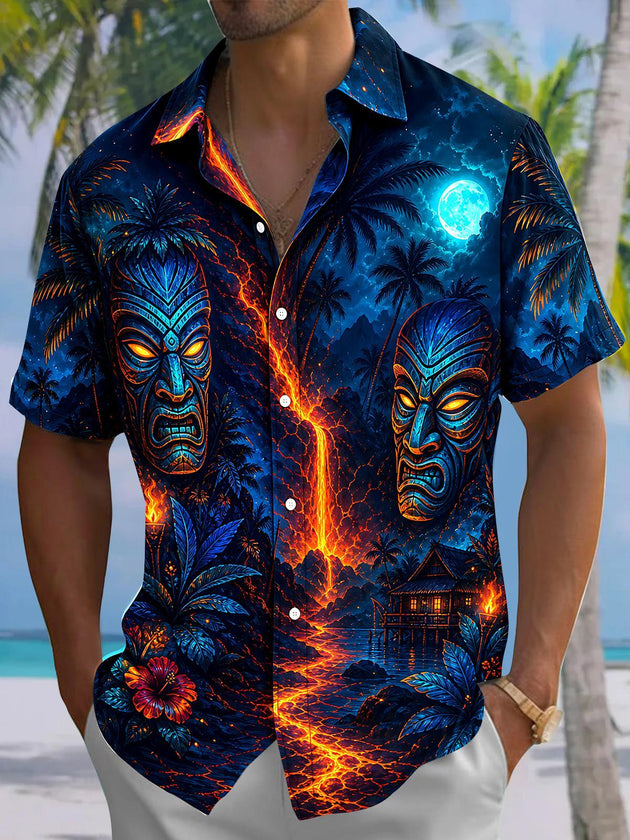 Hawaiian Coconut Tree Tiki Volcano Men's Pocket Short Sleeve Shirts