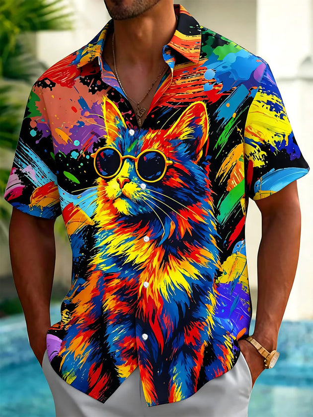 Colorful Cat Print Men's Pocket Short Sleeve Shirts
