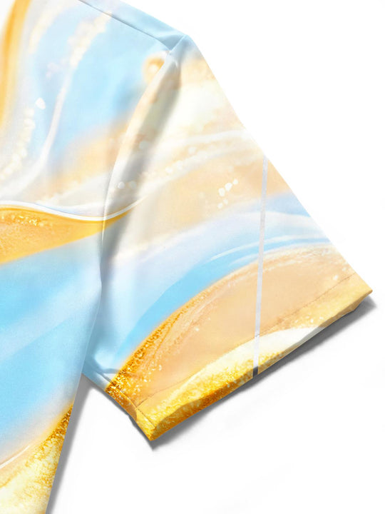 Men's blue water ripple pearl fluid art short sleeve shirt close-up detail