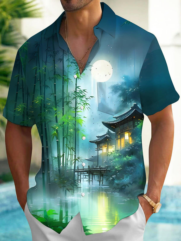 Men's bamboo forest courtyard moon pattern pocket short sleeve shirt back view