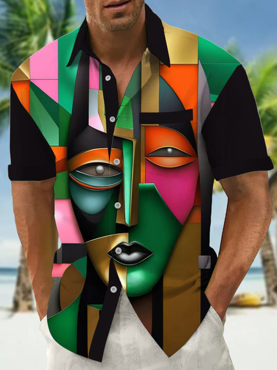 Men's abstract face art print short sleeve shirt front view