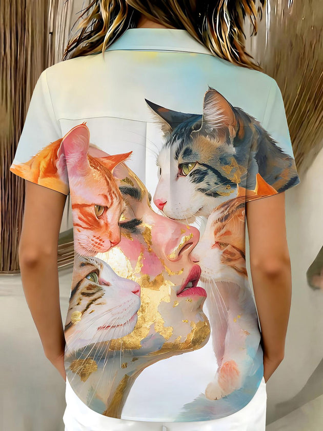 Art Cat Portrait Face Women's Short Sleeve Shirts