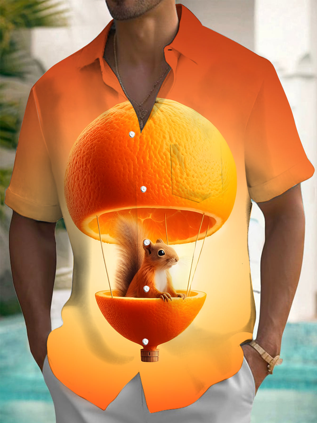Orange Squirrel Print Orange Squirrel Print Men's Pocket Short Sleeve Shirts