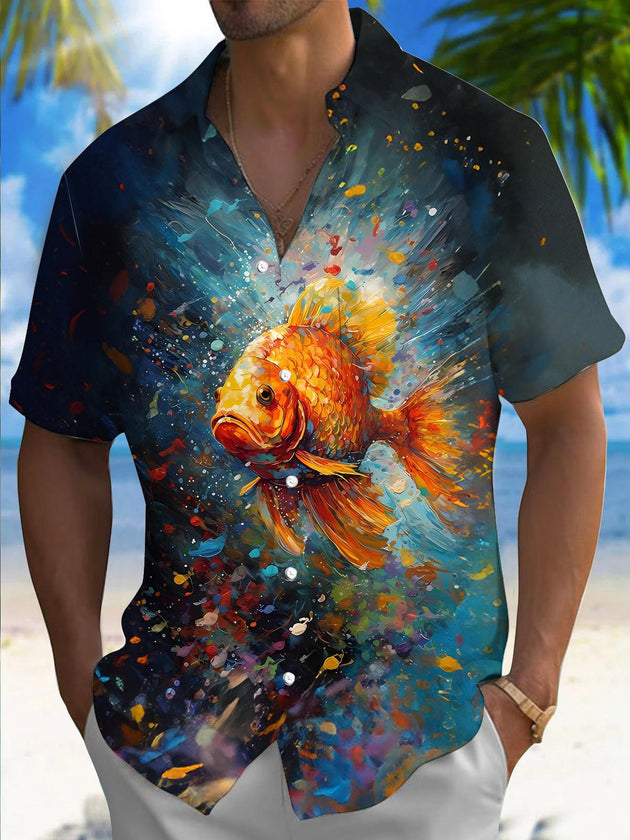 Men's fish print short sleeve shirt front view