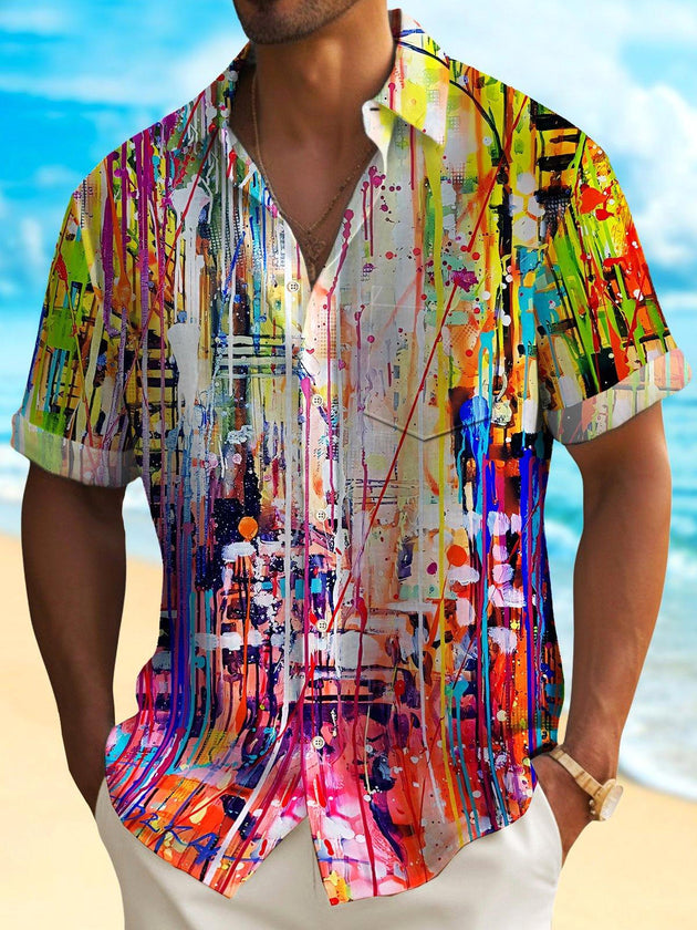 Men's abstract print short sleeve shirt with pocket front view