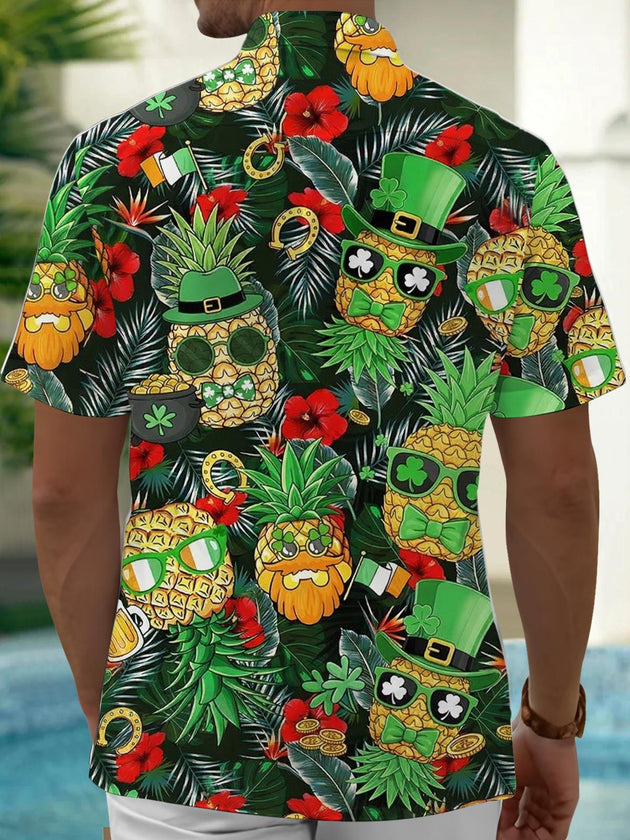 St. Patrick's Day Pineapple Skull Print Men's Pocket Short Sleeve Shirts