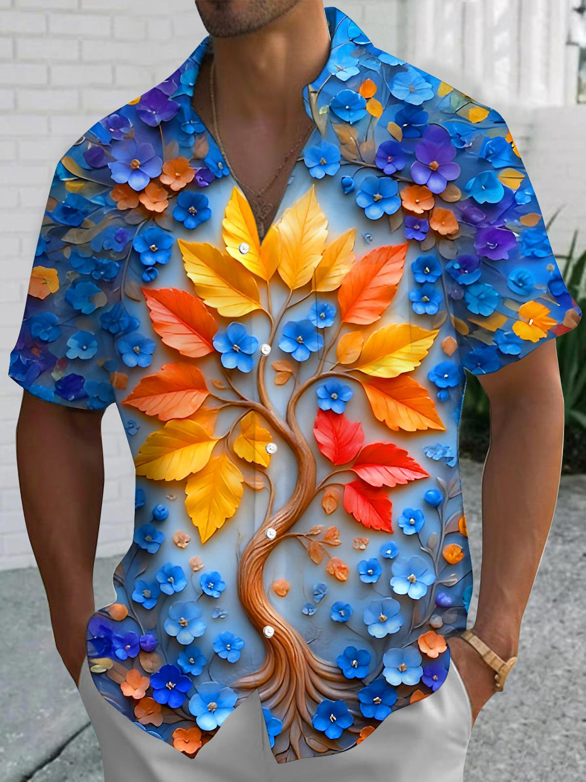 Art Relief Floral Leaves Men's Pocket Short Sleeve Shirts