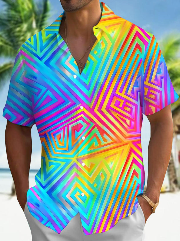 Men's Hawaiian neon colorful geometric maze short sleeve shirt front view tropical beach vacation