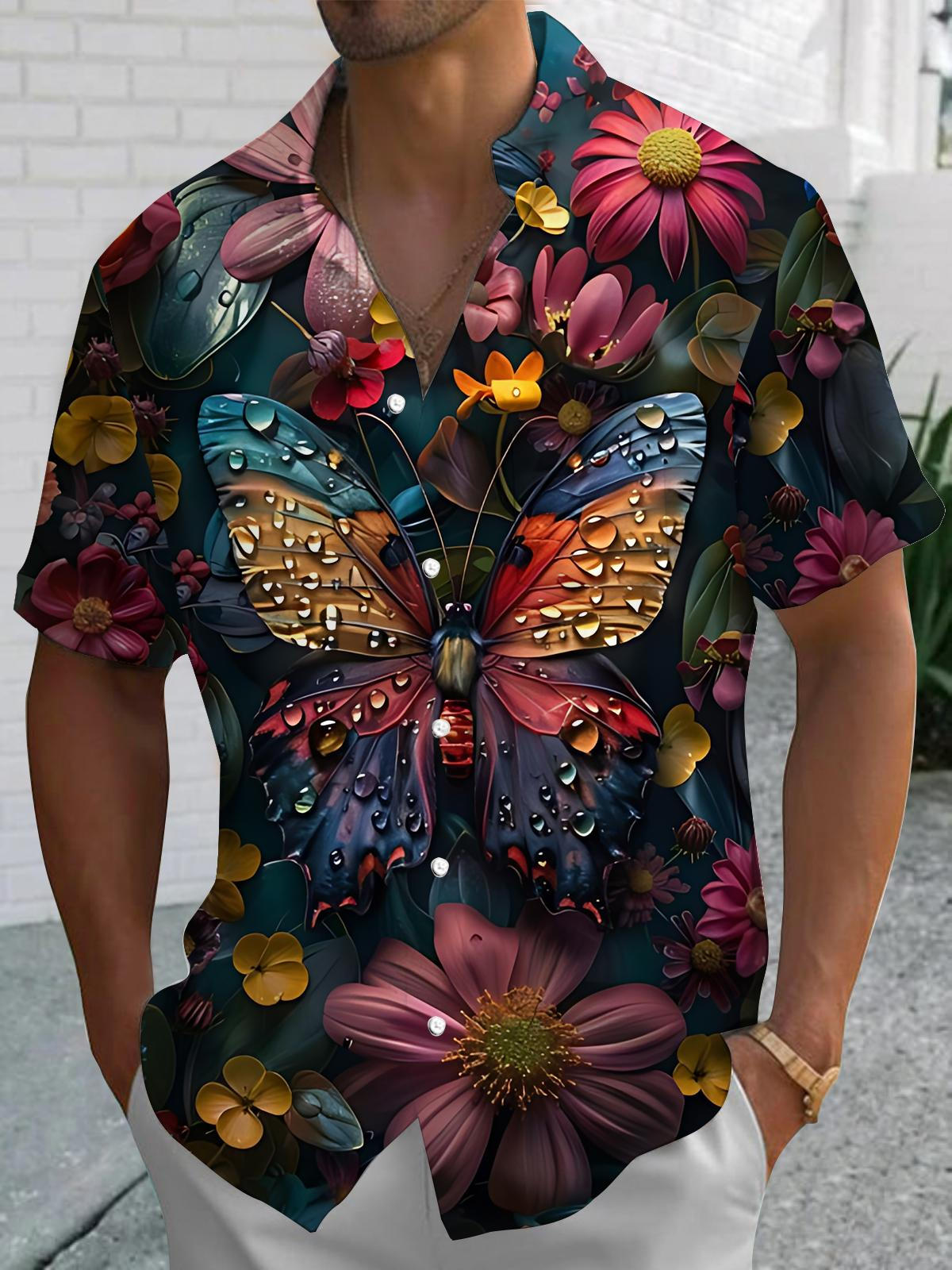 Butterfly Floral Print Men's Pocket Short Sleeve Shirts