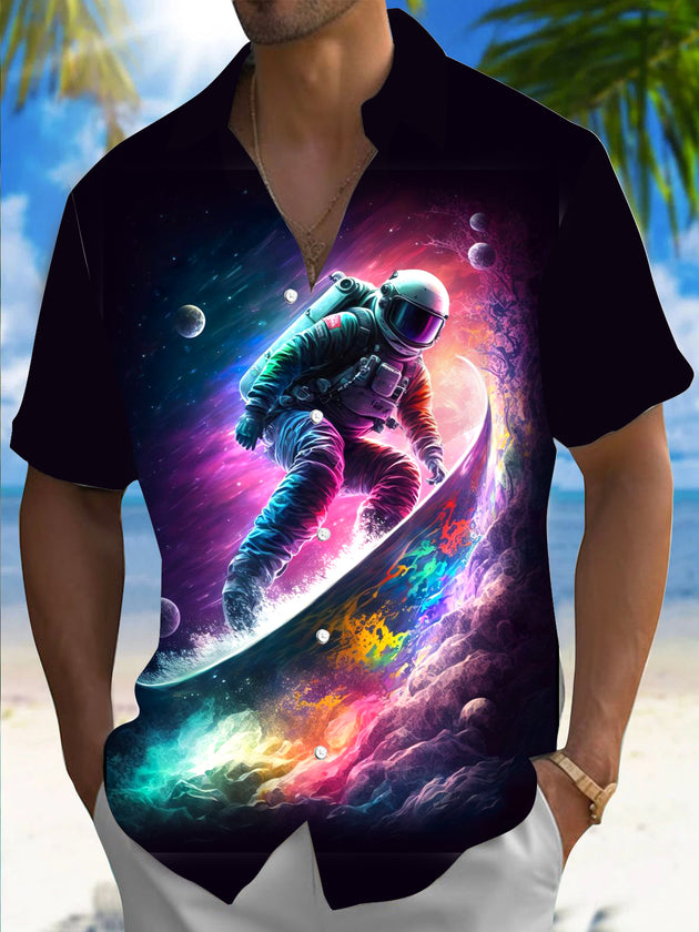 Men's short sleeve shirt front view with astronaut space planet print