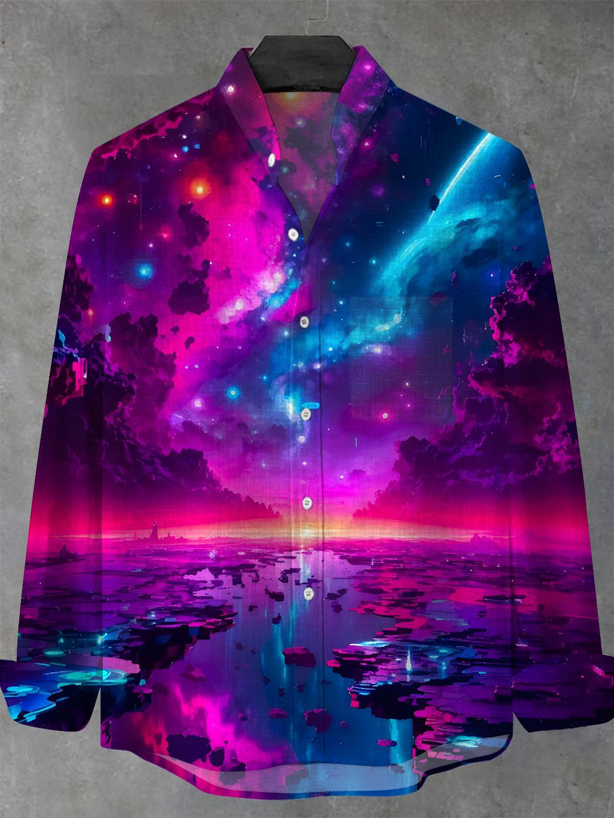 Space Art Men's Pocket Long Sleeve Stand Collar Shirts