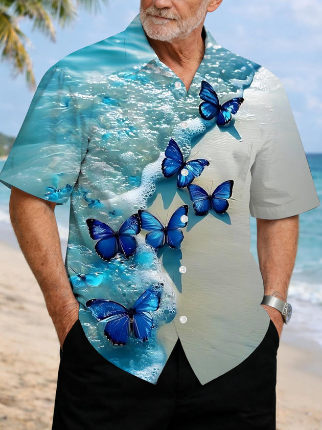Men's blue butterfly print short sleeve shirt front view for beach vacation