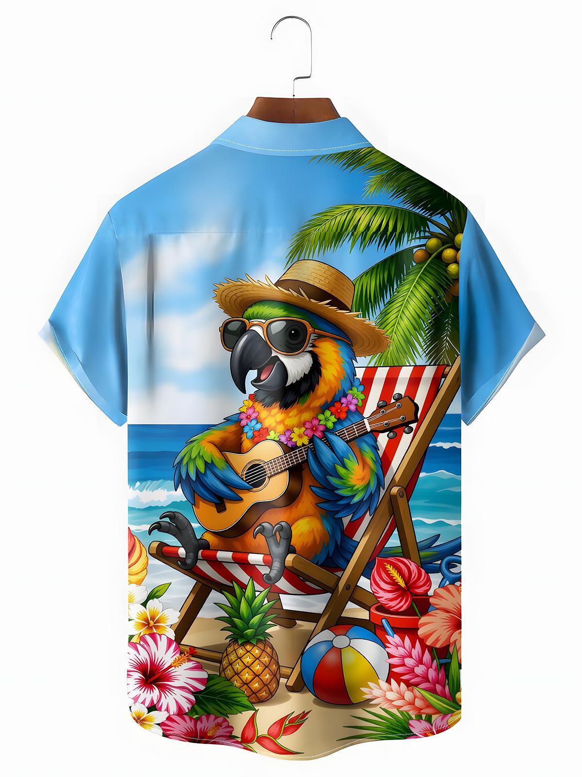 Hawaiian Coconut Tree Parrot Guitar Men's Pocket Short Sleeve Shirts