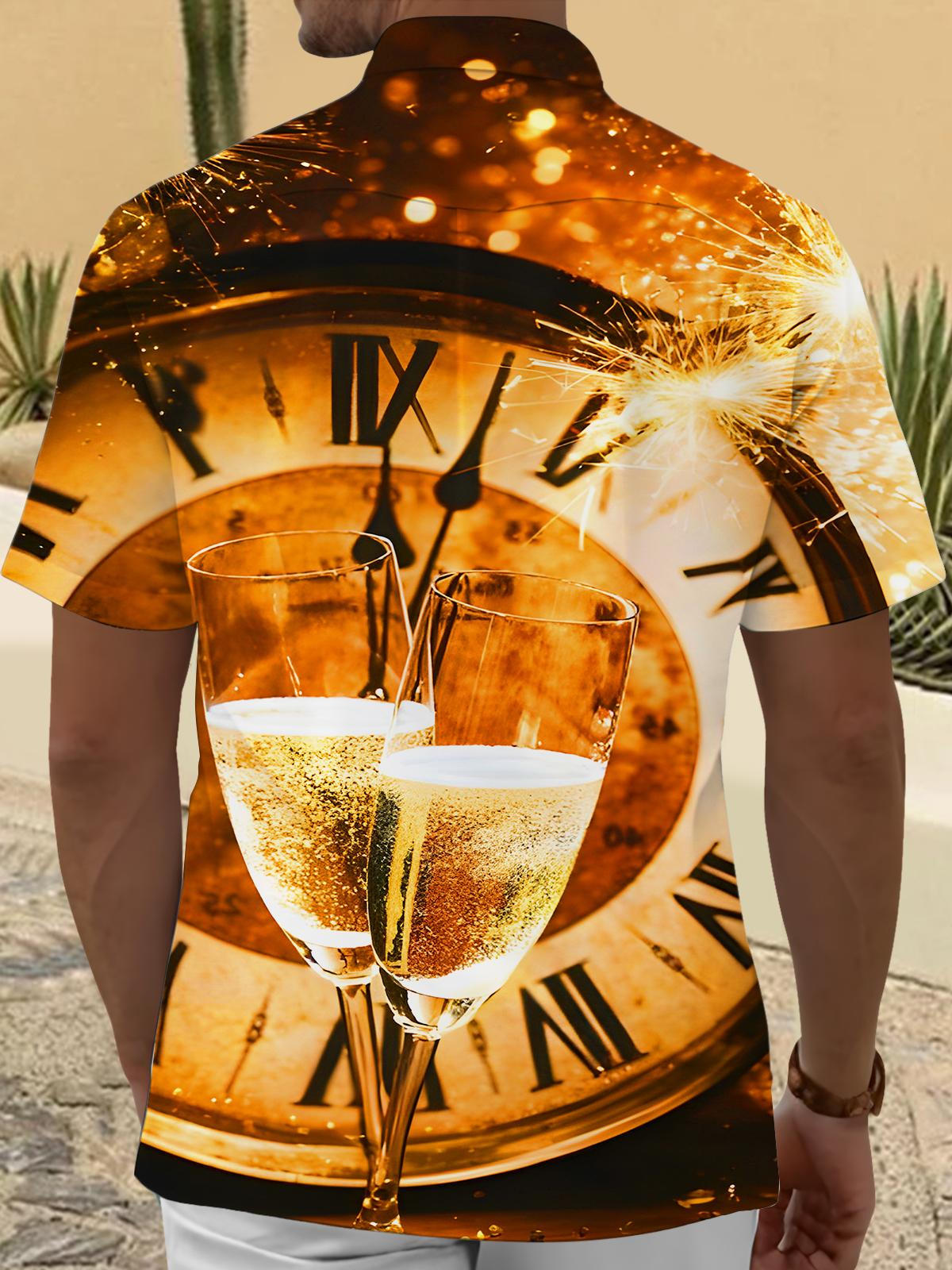Festive Champagne Fireworks Countdown Clock Men's Pocket Short Sleeve Shirts