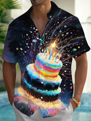 Men's Cake Print Pocket Short Sleeve Shirt Front View for Christmas Holiday Party