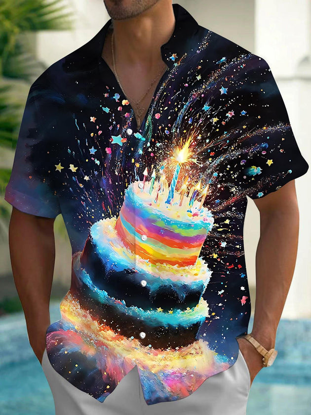 Men's Cake Print Pocket Short Sleeve Shirt Front View for Christmas Holiday Party