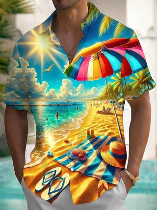 Men's Hawaiian beach print pocket short sleeve shirt back view