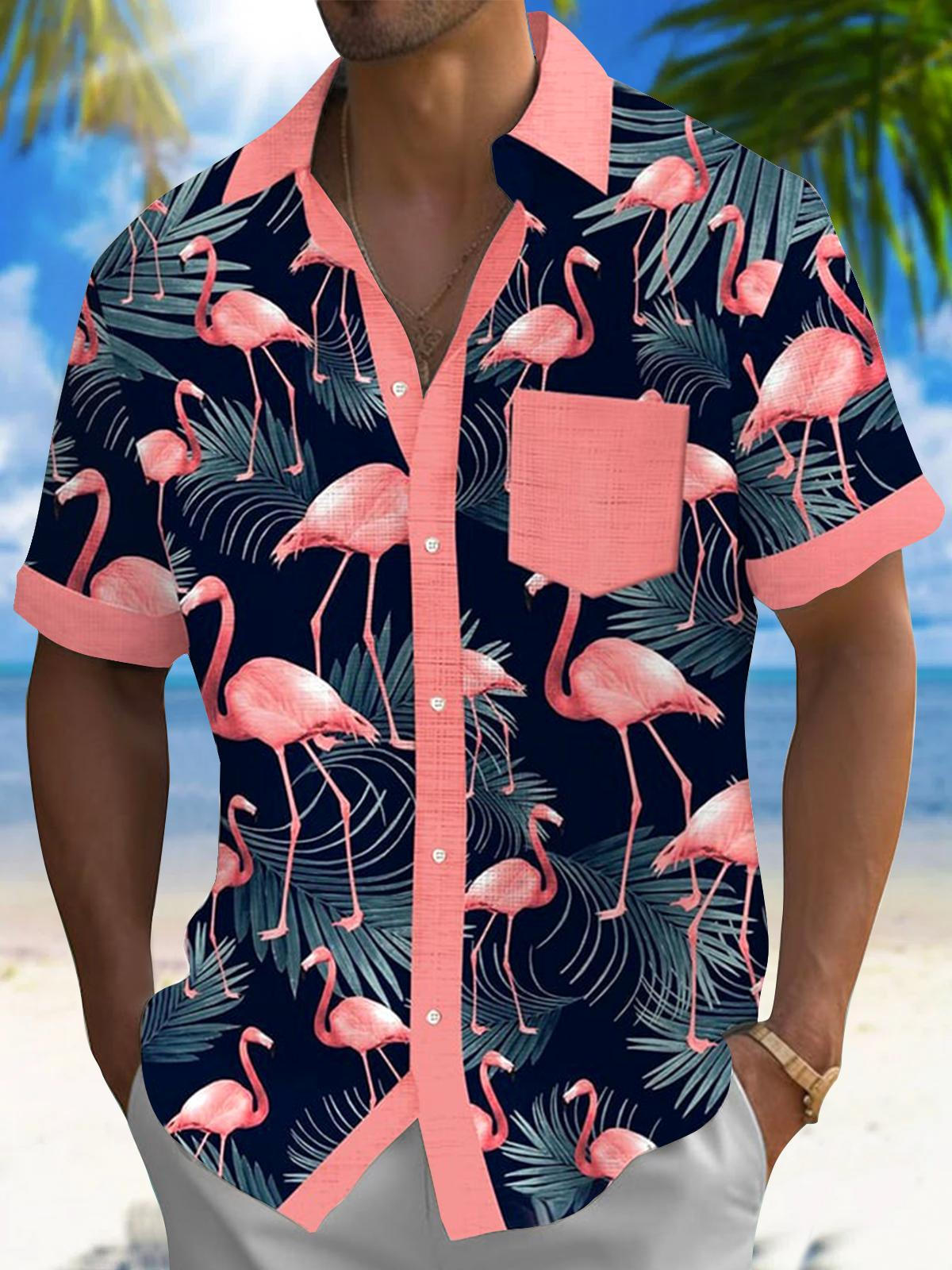 Flamingo Short Sleeve Men's Shirts With Pocket