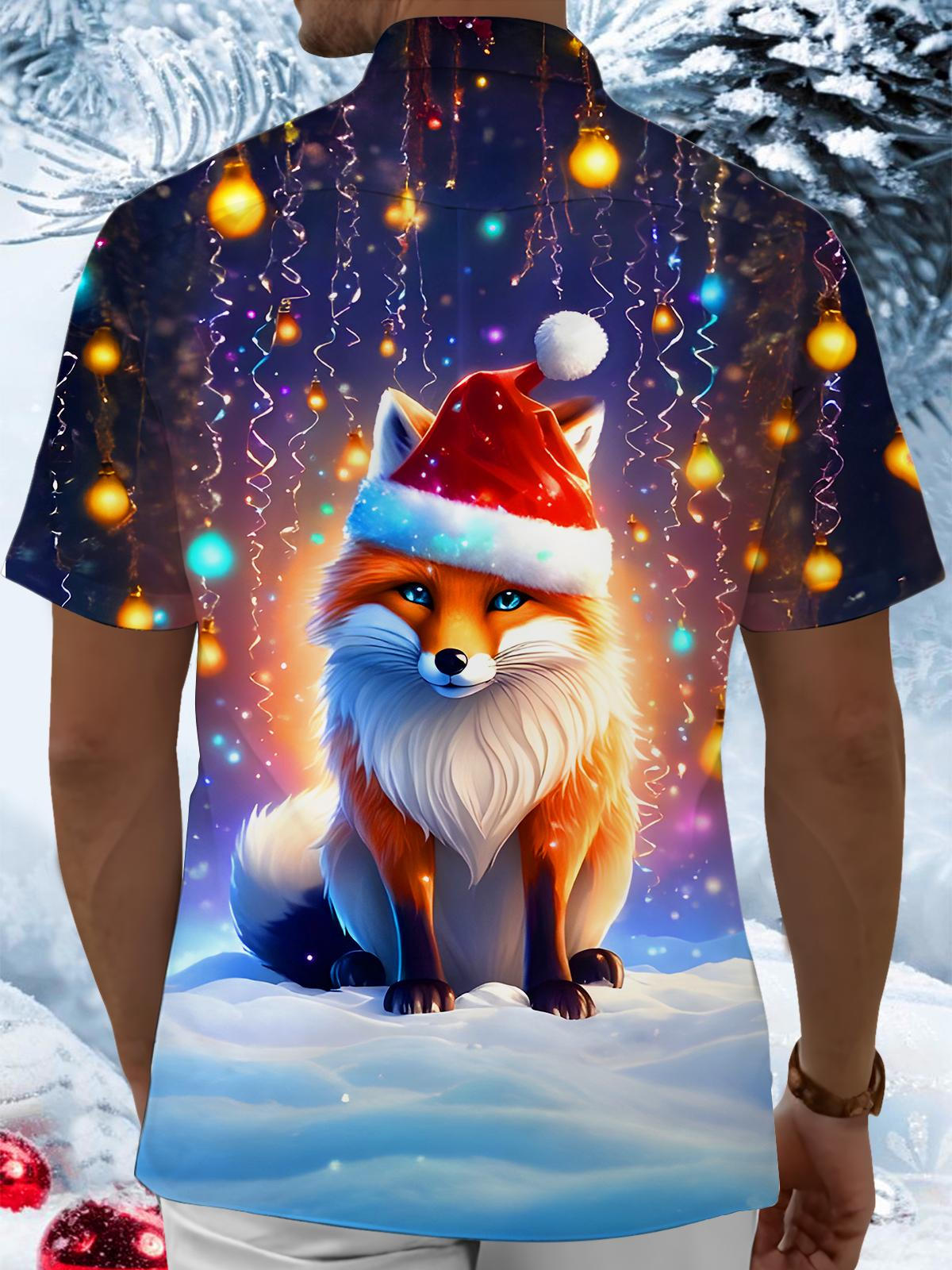 Funny Snow Fox Christmas Hat Lights Xmas Men's Pocket Short Sleeve Shirts