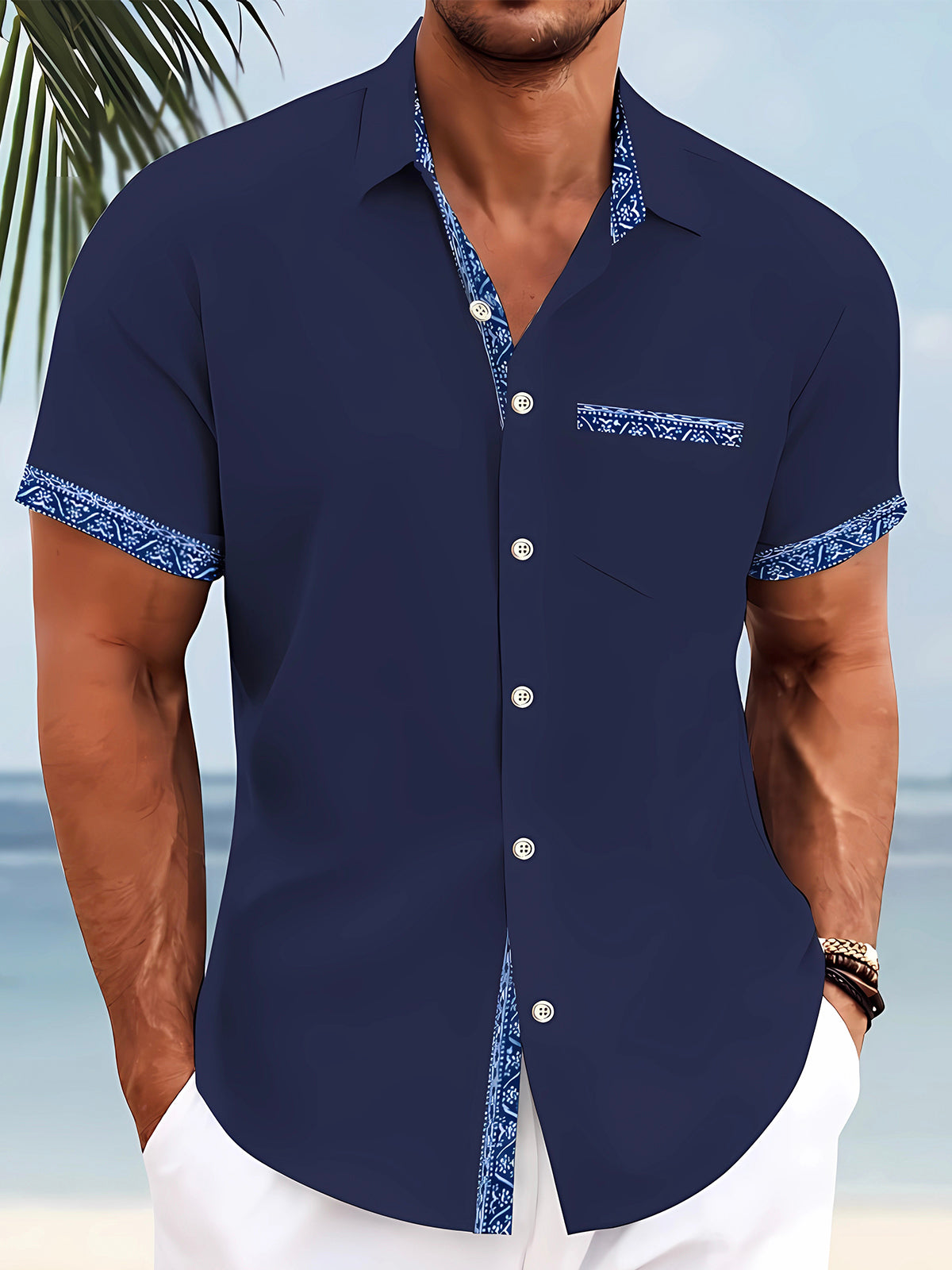 Ethnic Print Men's Pocket Short Sleeve Shirts