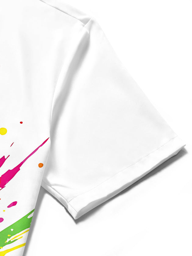 Men's guitar print short sleeve shirt close-up detail of fabric texture and pocket
