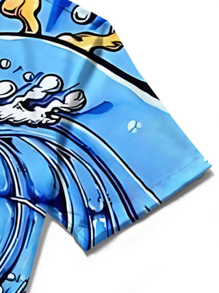 Men's blue Hawaiian ocean print short sleeve shirt close-up detail view