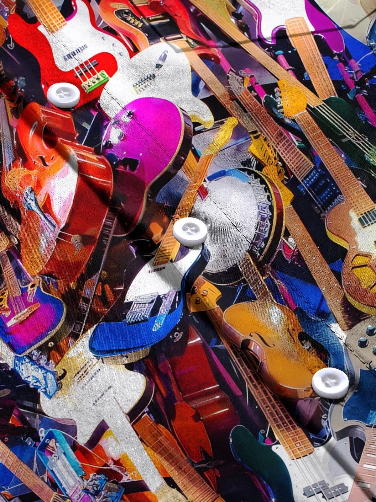 Musical Instrument Print Men's Pocket Short Sleeve Shirts