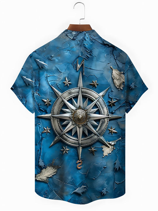 Men's blue compass print short sleeve shirt back view