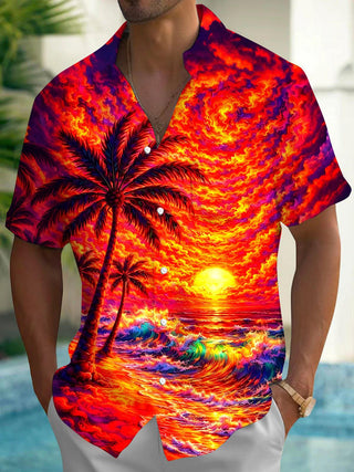 Men's Hawaiian coconut tree pocket short sleeve shirt front view for beach vacation