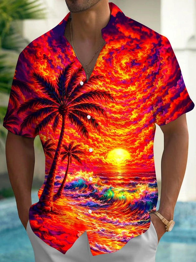 Men's Hawaiian coconut tree pocket short sleeve shirt front view for beach vacation