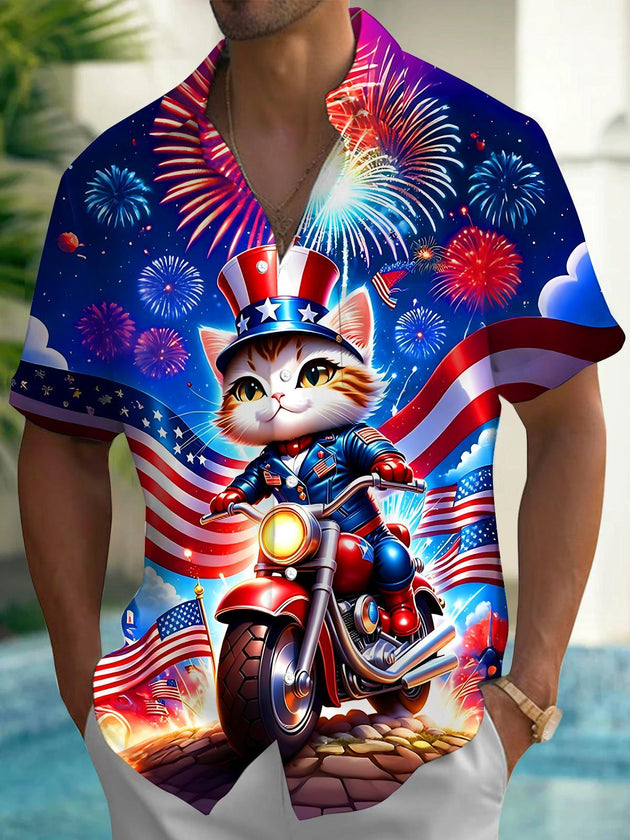 Independence Day Fun Cat Riding Motorcycle Fireworks Flag Men's Pocket Short Sleeve Shirts