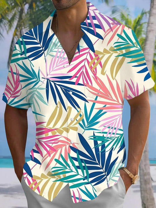 Men's Hawaiian leaf short sleeve shirt front view for tropical beach vacation