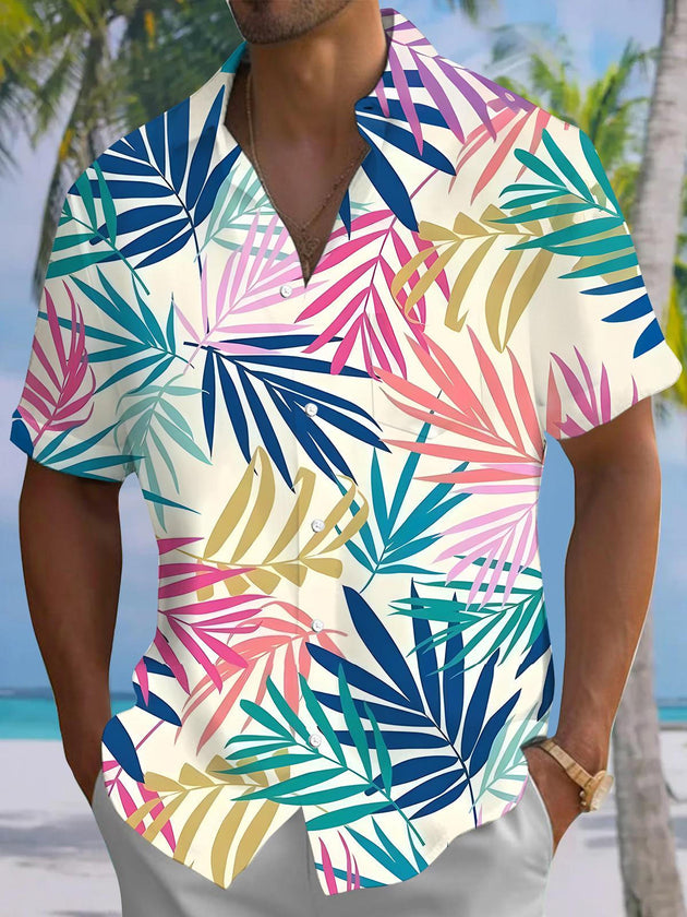 Men's Hawaiian leaf short sleeve shirt front view for tropical beach vacation