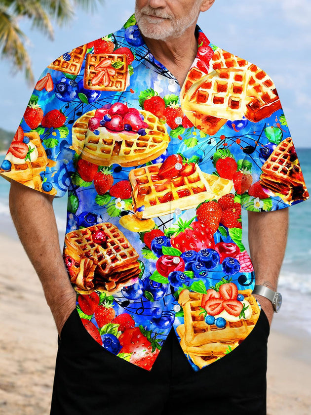men's blue Hawaiian shirt front view tropical beach vacation