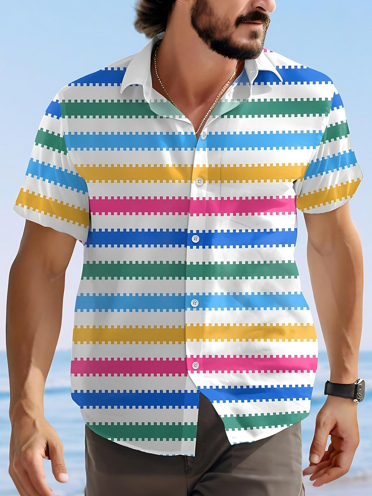 Geometric Stripe Print Men's Pocket Short Sleeve Shirts