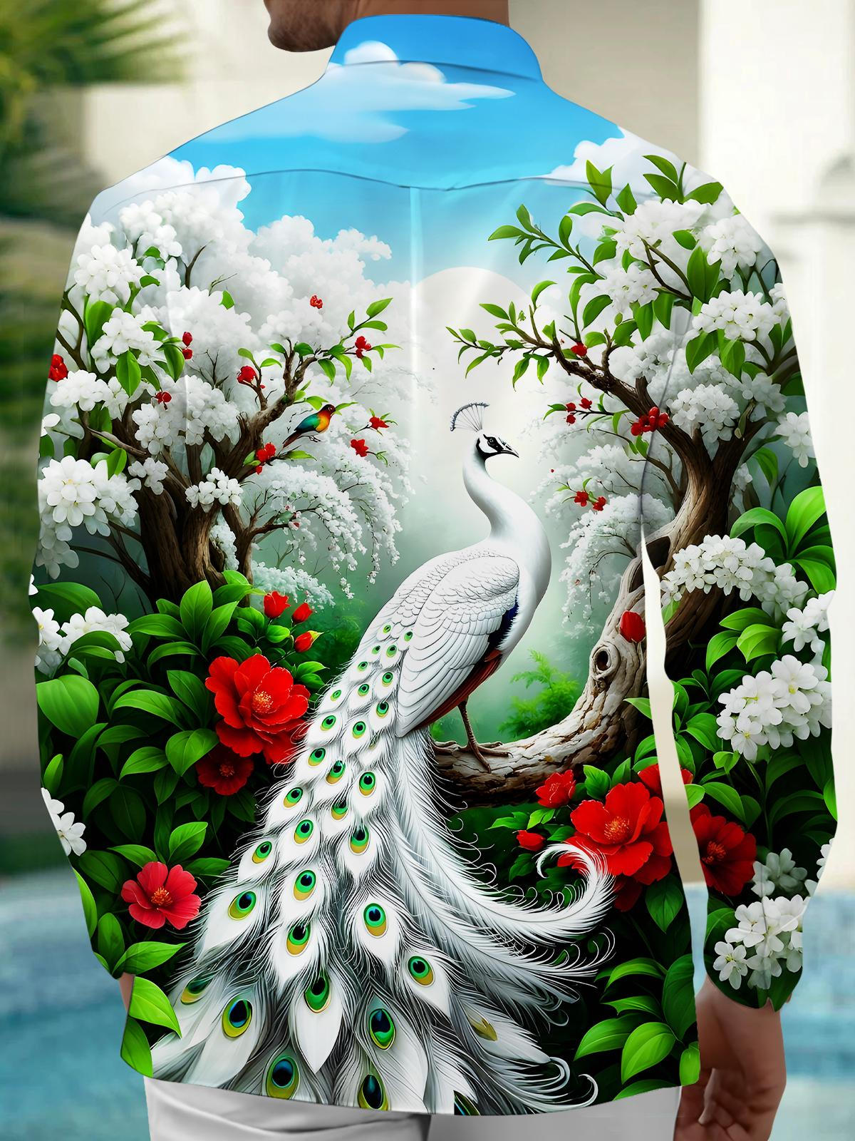 Peacock Floral Men's Pocket Long Sleeve Shirts