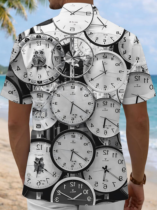 Men's clock print pocket short sleeve shirt back view