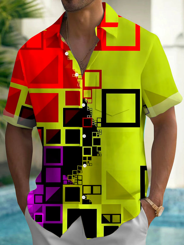 Men's geometric print pocket short sleeve shirt front view