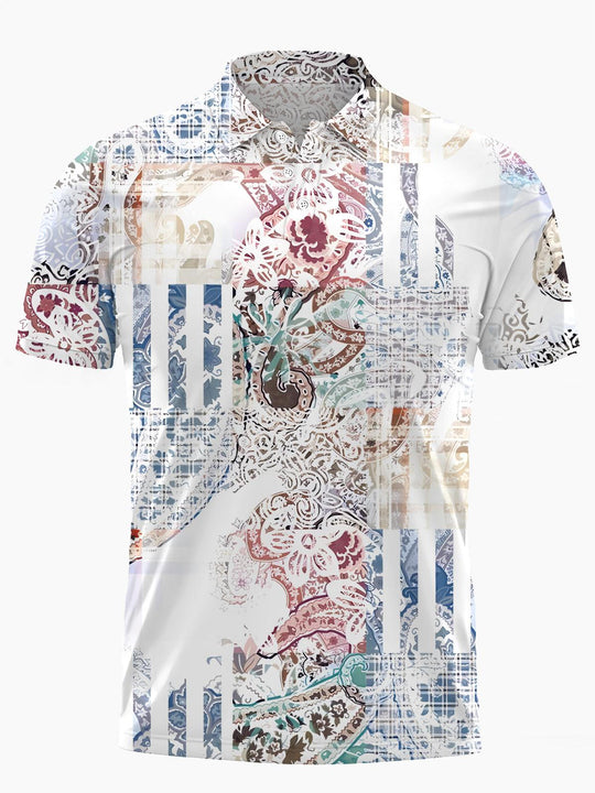Men's ethnic print short sleeve button polo shirt front view