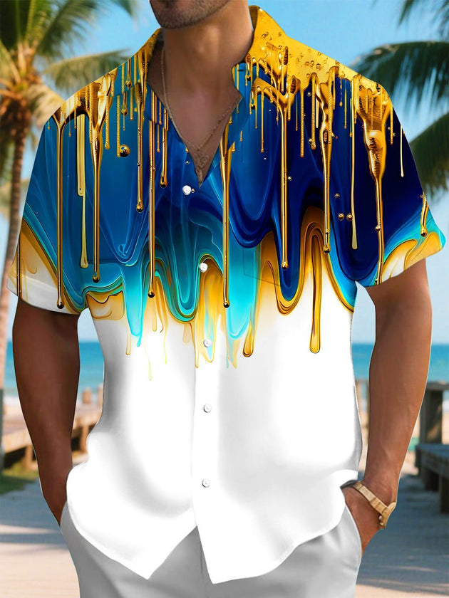 men's blue art print shirt front view