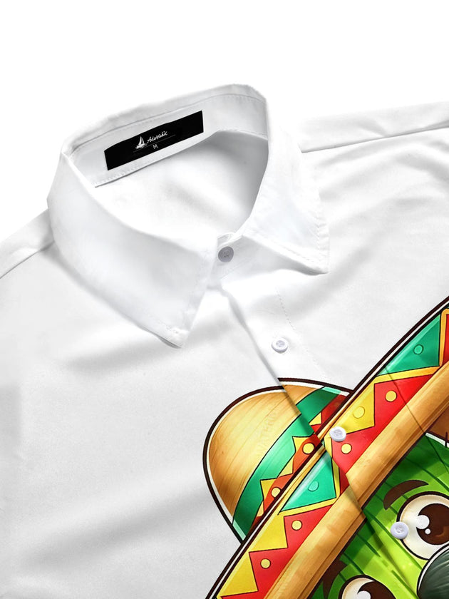Men's Cartoon Cactus Print Pocket Half Sleeve Shirt Side View
