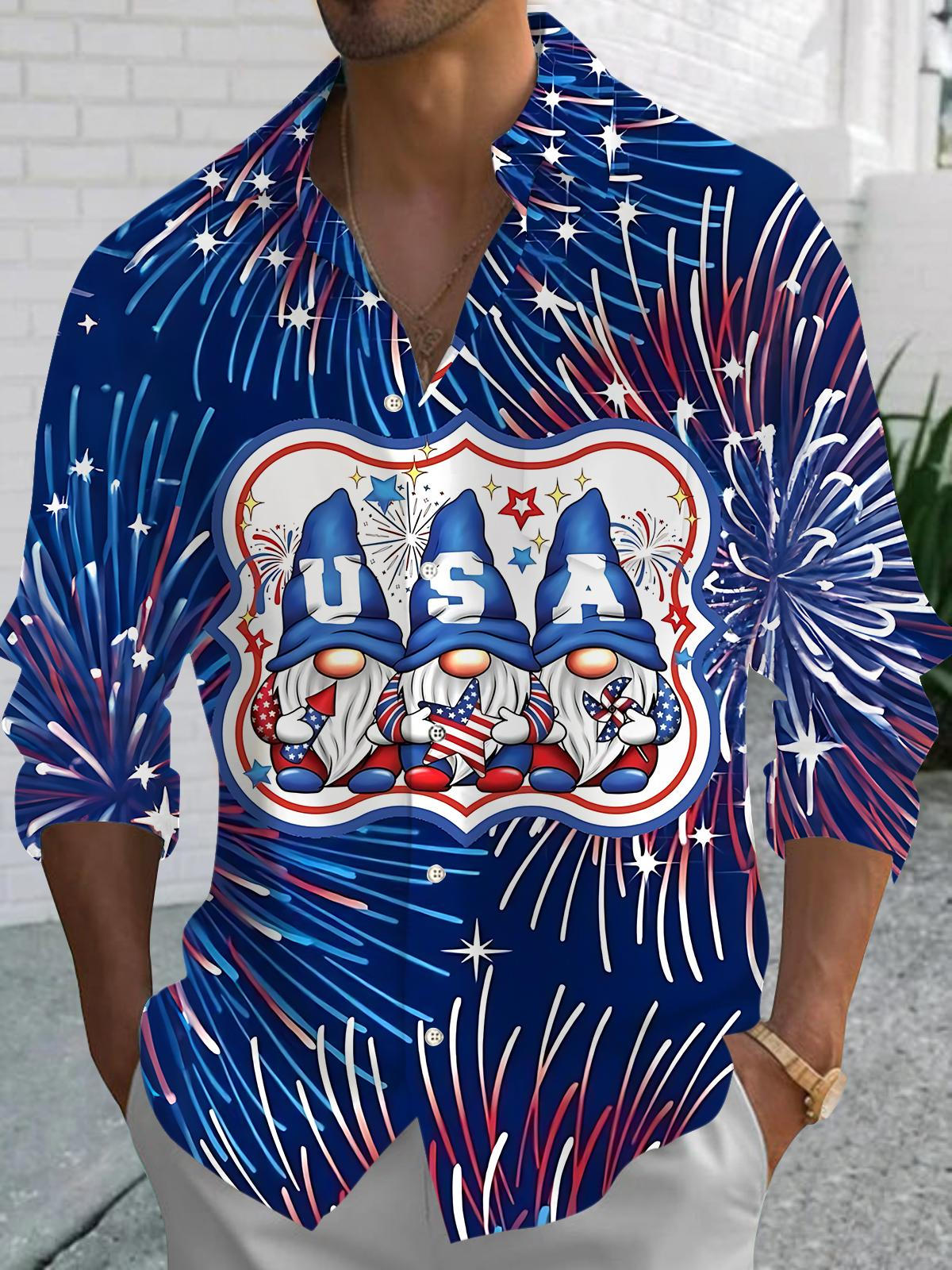 Dwarf Fireworks Print Men's Pocket Long Sleeve Shirts