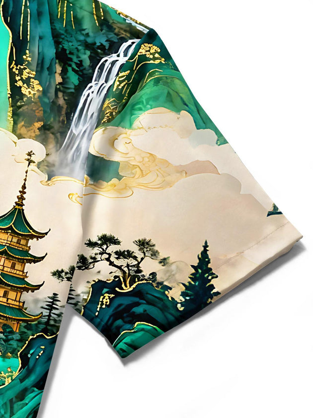 Art Green Landscape With Elk Men's Pocket Short Sleeve Shirts