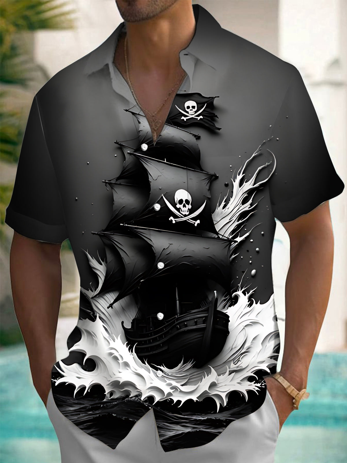 Skull Boat Art Print Men's Pocket Short Sleeve Shirts