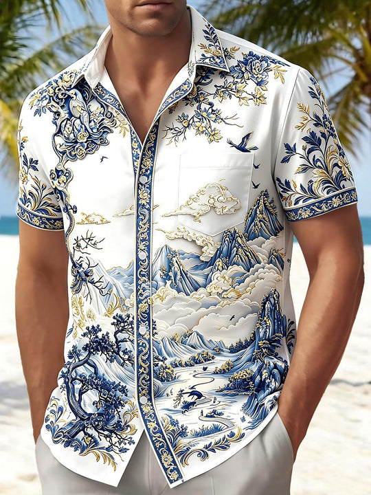 Art Landscape Blue And White Porcelain Mountains Flowers And Birds Men's Pocket Short Sleeve Shirts