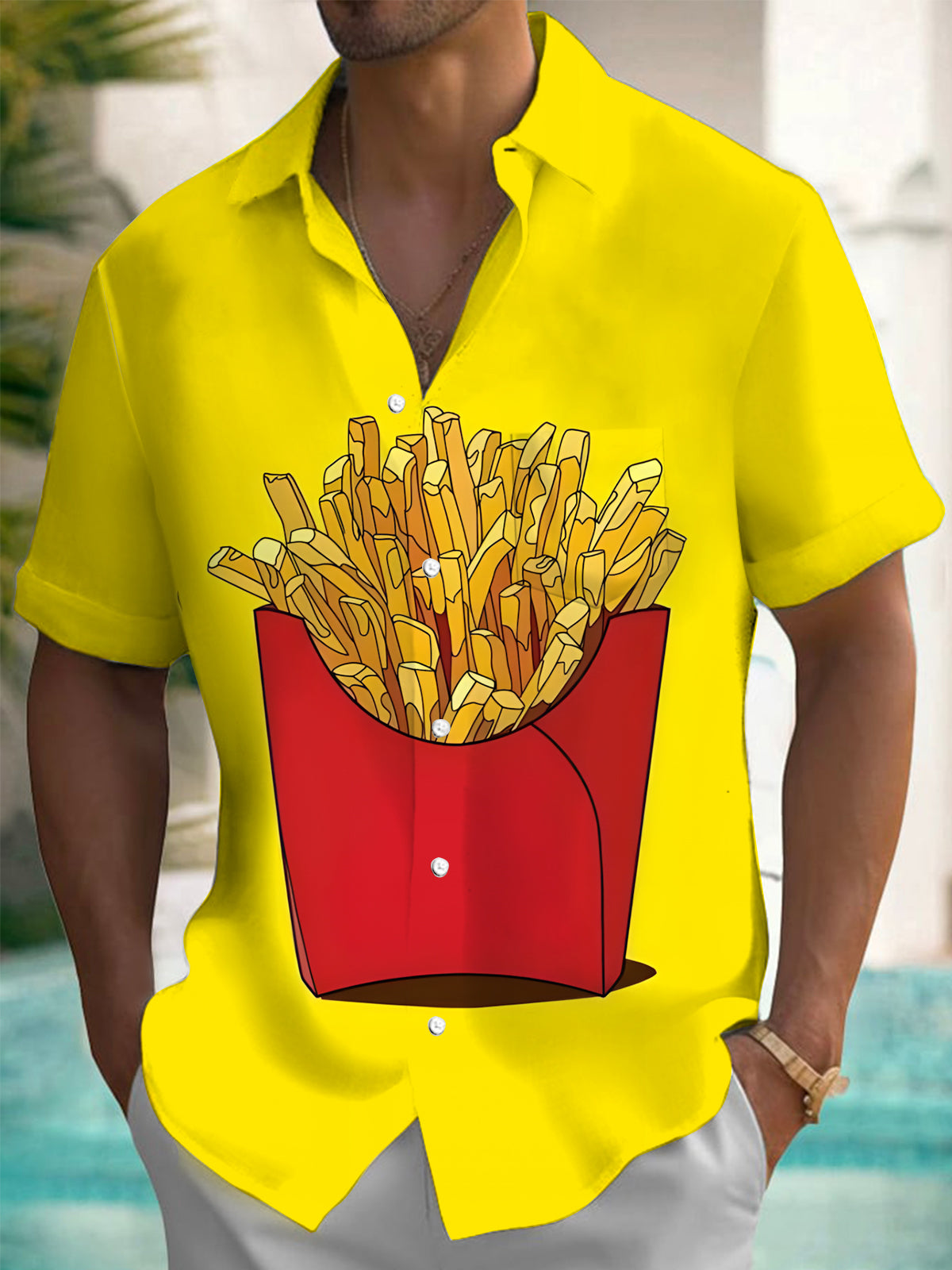 French Fries Print Men's Pocket Short Sleeve Shirts