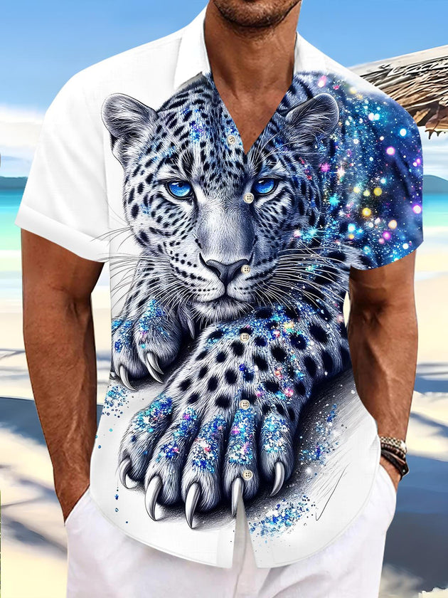 Men's Cheetah Print Pocket Short Sleeve Shirt Front View